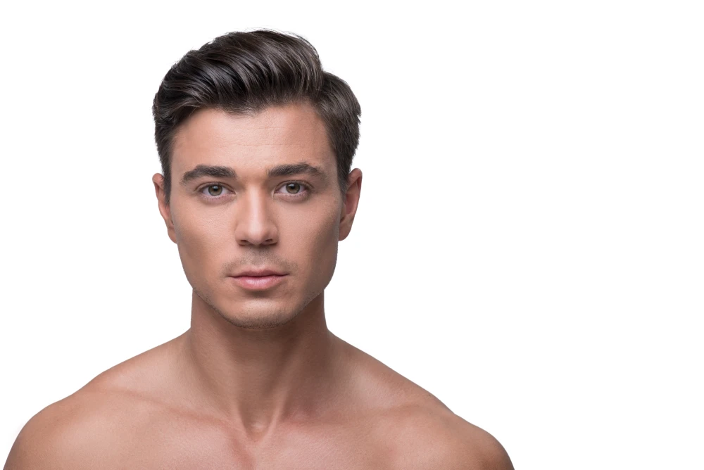 Portrait of a man with smooth, youthful skin after dermal fillers.